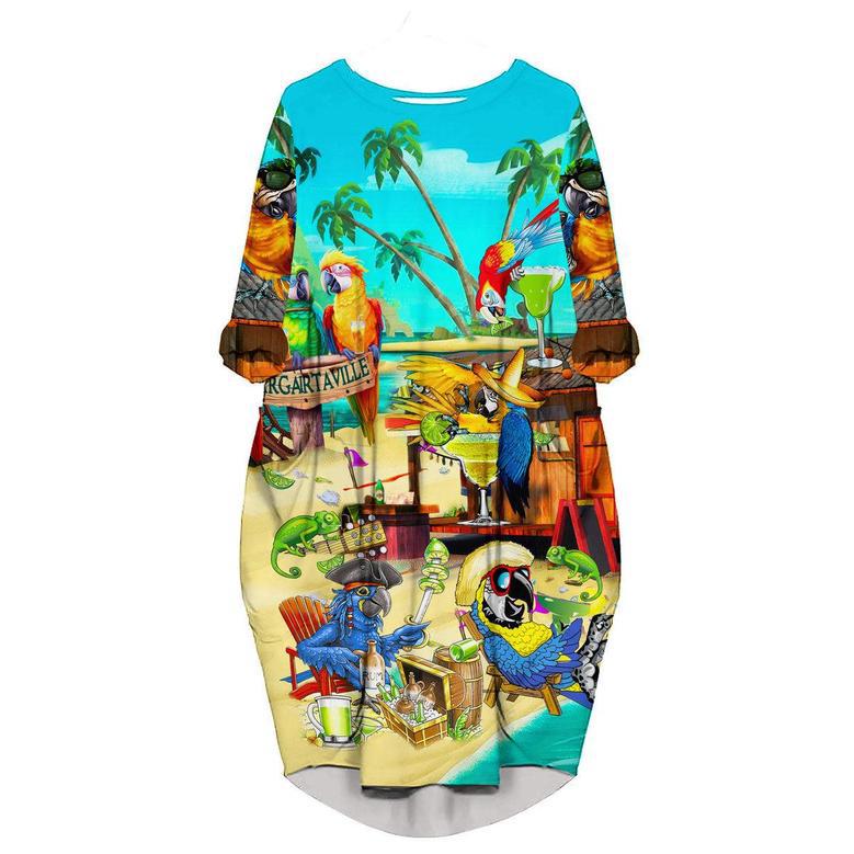 Funny Parrot In Summer Beach Party Cocktail Margaritaville Long Sleeve Midi Dress