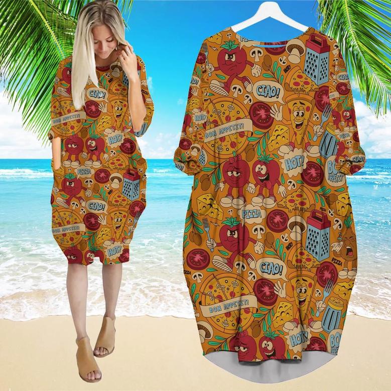 Funny Pizza Long Sleeve Midi Dress