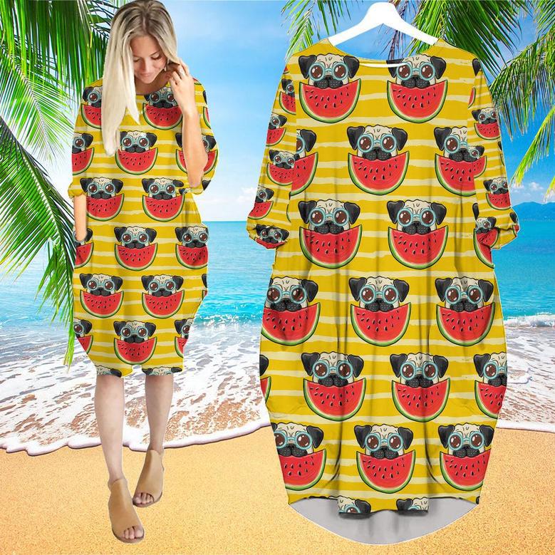 Funny Pug In Sunglasses Eating Watermelon Long Sleeve Midi Dress