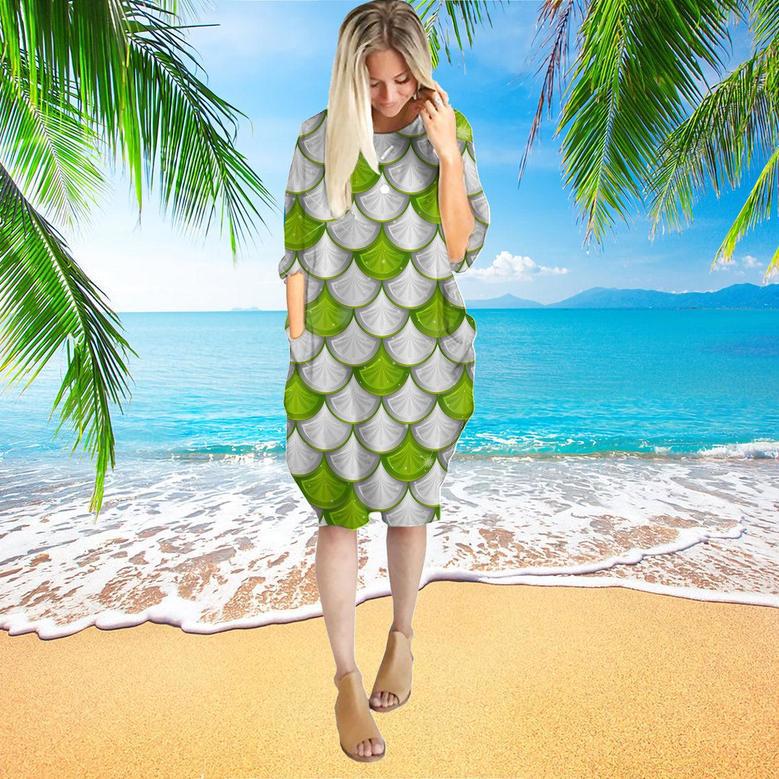 Green And White Mermaid Scales Long Sleeve Midi Dress