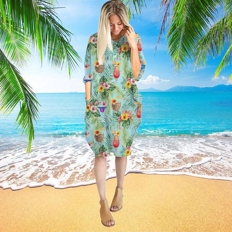 Green Palm Leaves Cocktails And Coconuts Long Sleeve Midi Dress