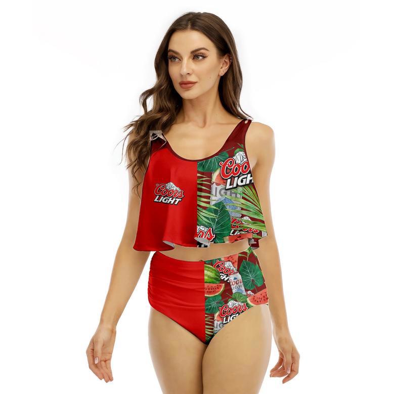 Half Side Coors Light Watermelon Ruffled Vest Swimsuit