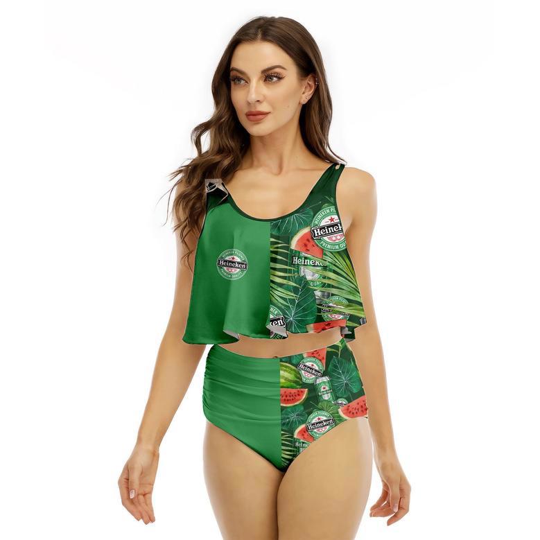 Half Side Heineken Watermelon Ruffled Vest Swimsuit