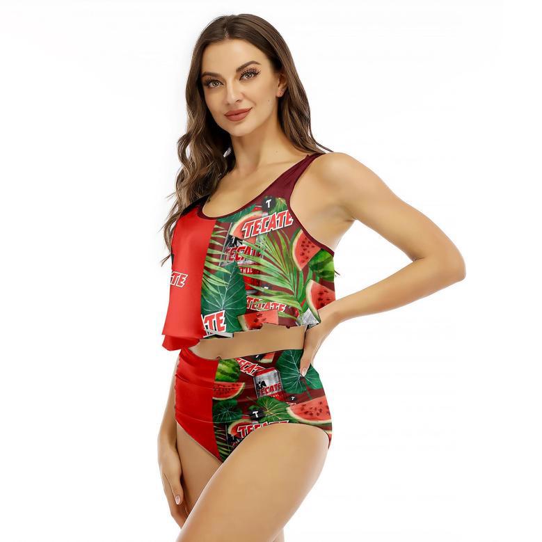 Half Side Tecate Watermelon Ruffled Vest Swimsuit