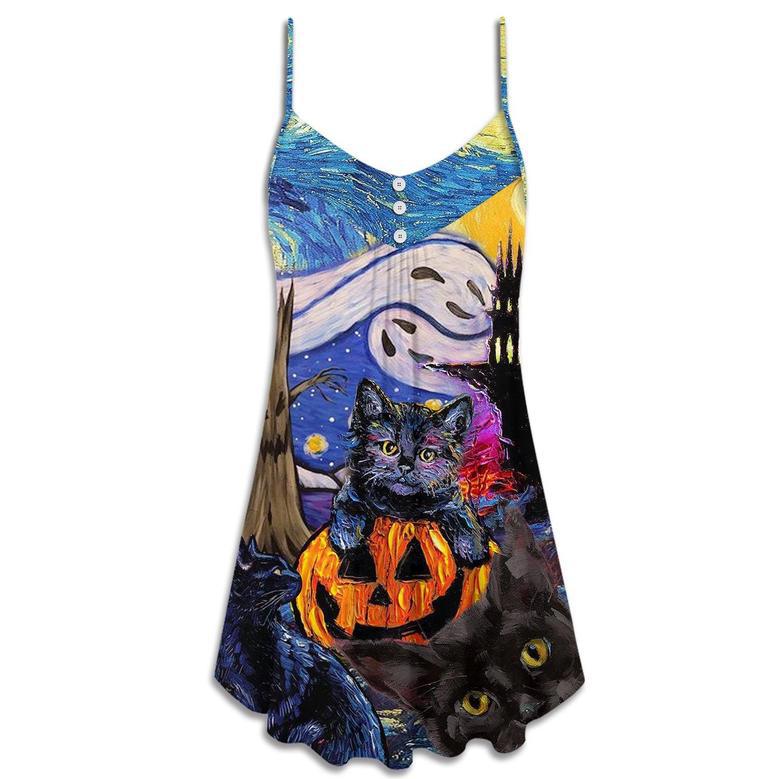 Halloween Black Cat Starry Night Funny Cat Painting Art Style - V-Neck Sleeveless Cami Dress