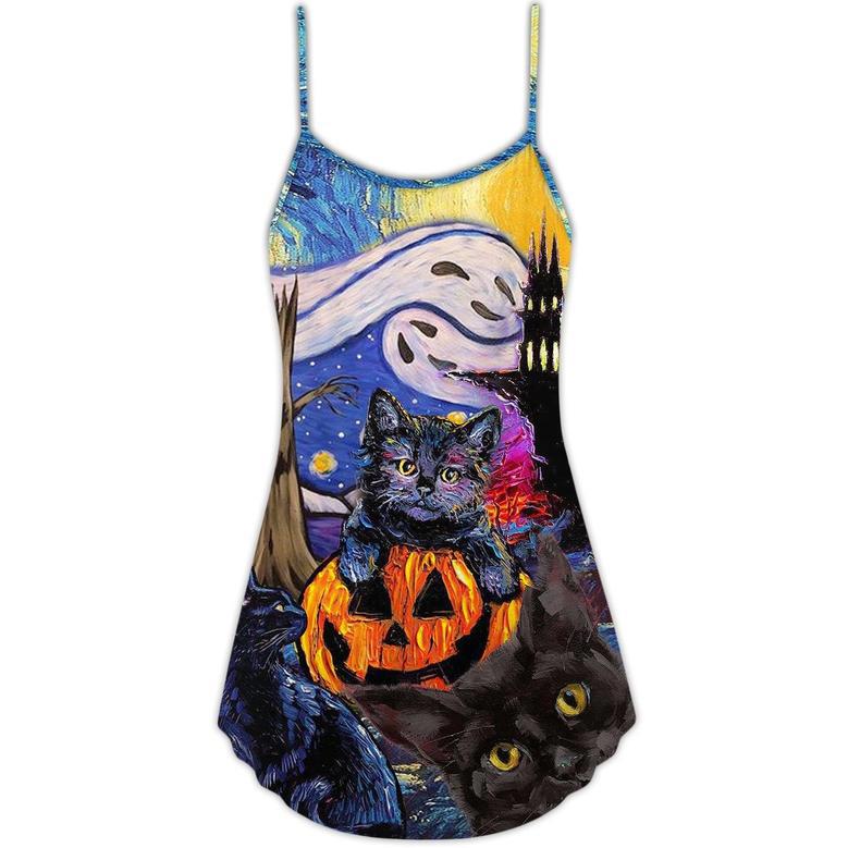 Halloween Black Cat Starry Night Funny Cat Painting Art Style - V-Neck Sleeveless Cami Dress