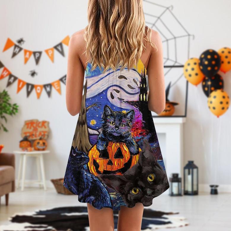 Halloween Black Cat Starry Night Funny Cat Painting Art Style - V-Neck Sleeveless Cami Dress