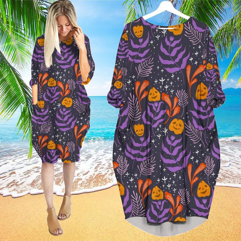 Halloween Pumkins Tropical Long Sleeve Midi Dress