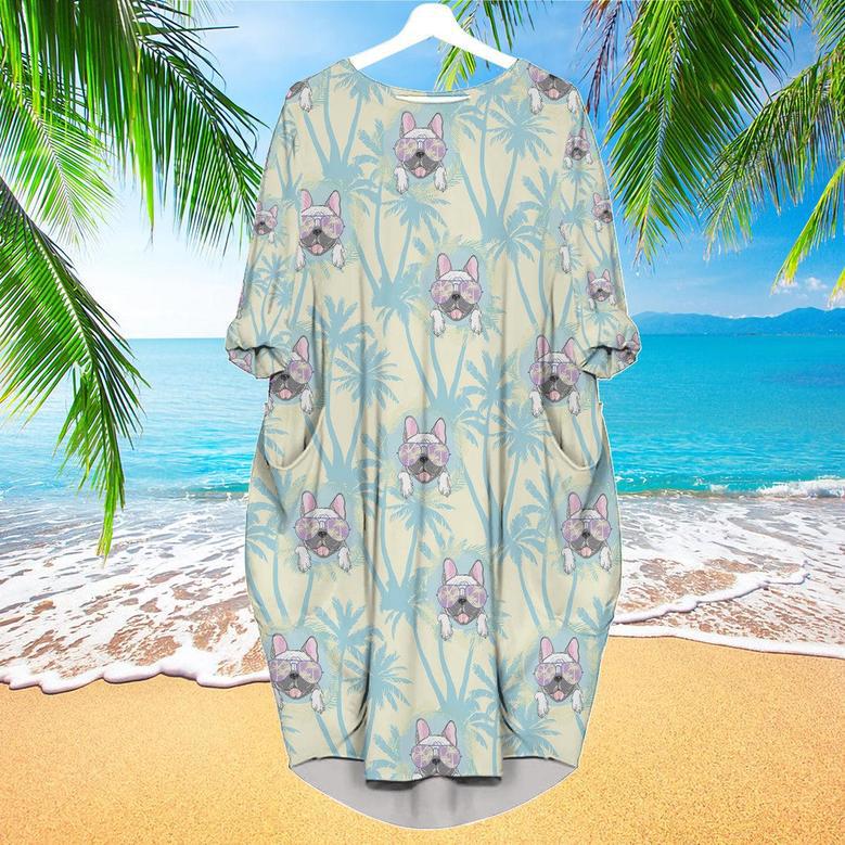 Happy Bull Dog With Tropical Long Sleeve Midi Dress