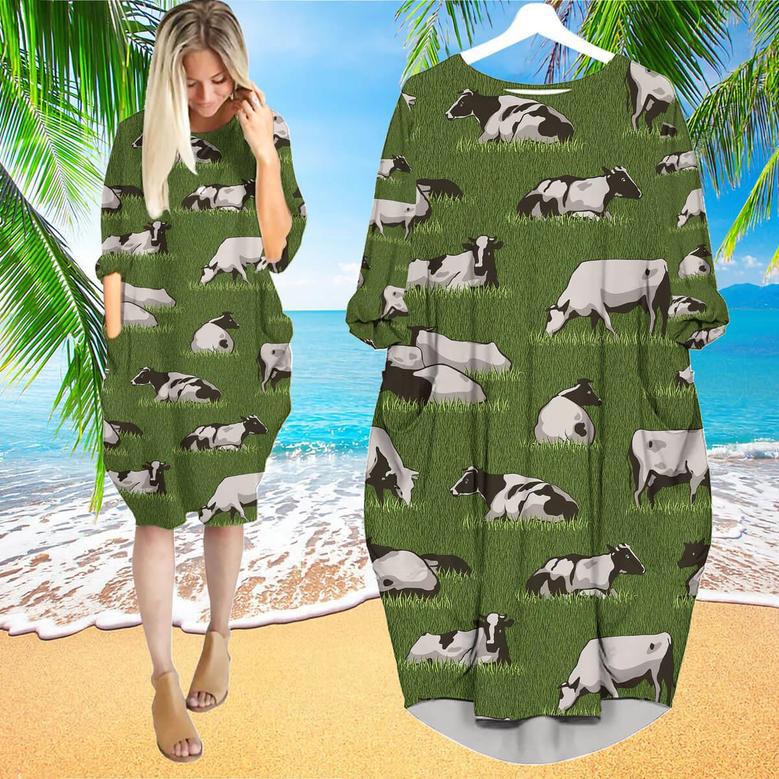 Herd Cows On The Meadow Long Sleeve Midi Dress