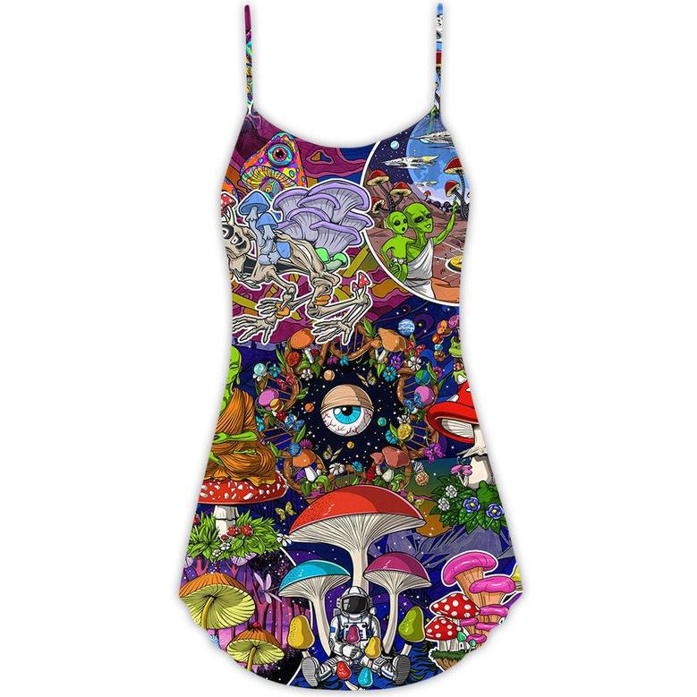 Hippie Mushroom Aliens Stay Hippie Colorful Art - V-Neck Sleeveless Cami Dress