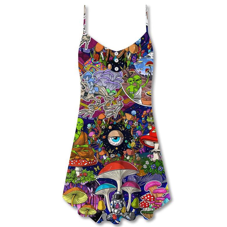 Hippie Mushroom Aliens Stay Hippie Colorful Art - V-Neck Sleeveless Cami Dress