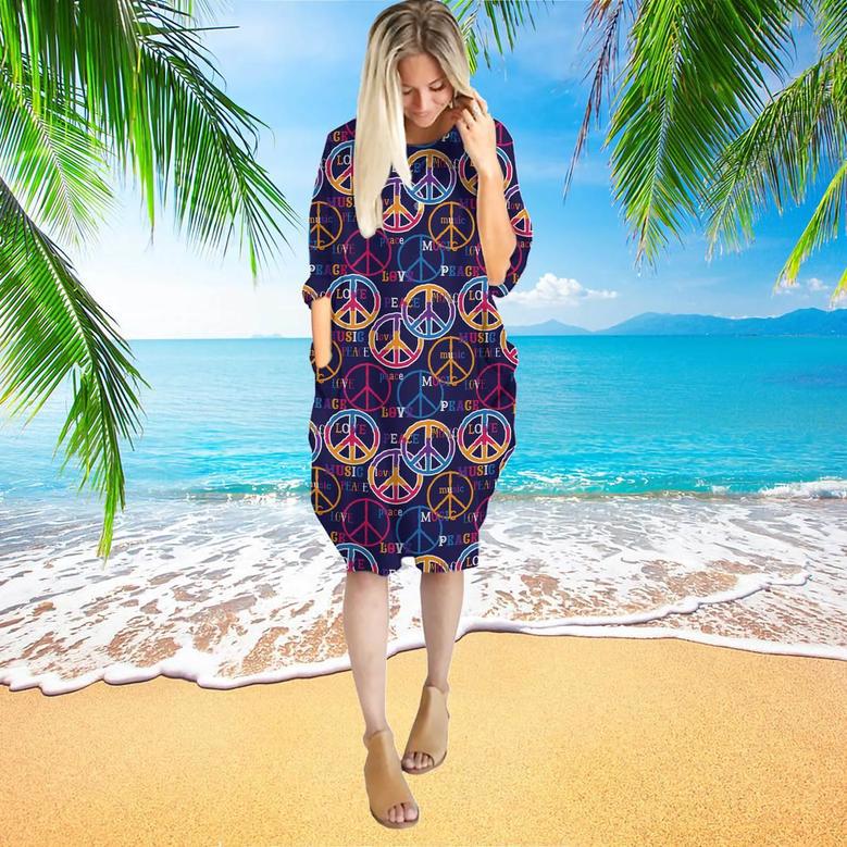 Hippie Peace Love Music Long Sleeve Midi Dress