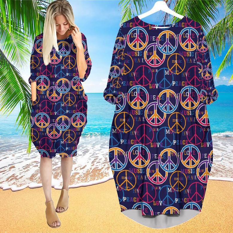 Hippie Peace Love Music Long Sleeve Midi Dress