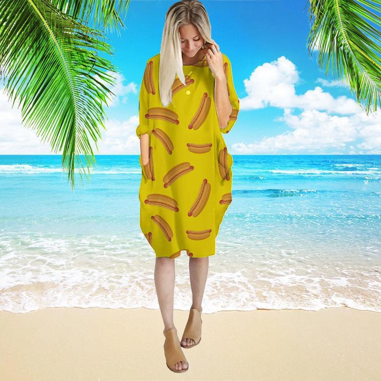 Hot Dog On Yellow Long Sleeve Midi Dress