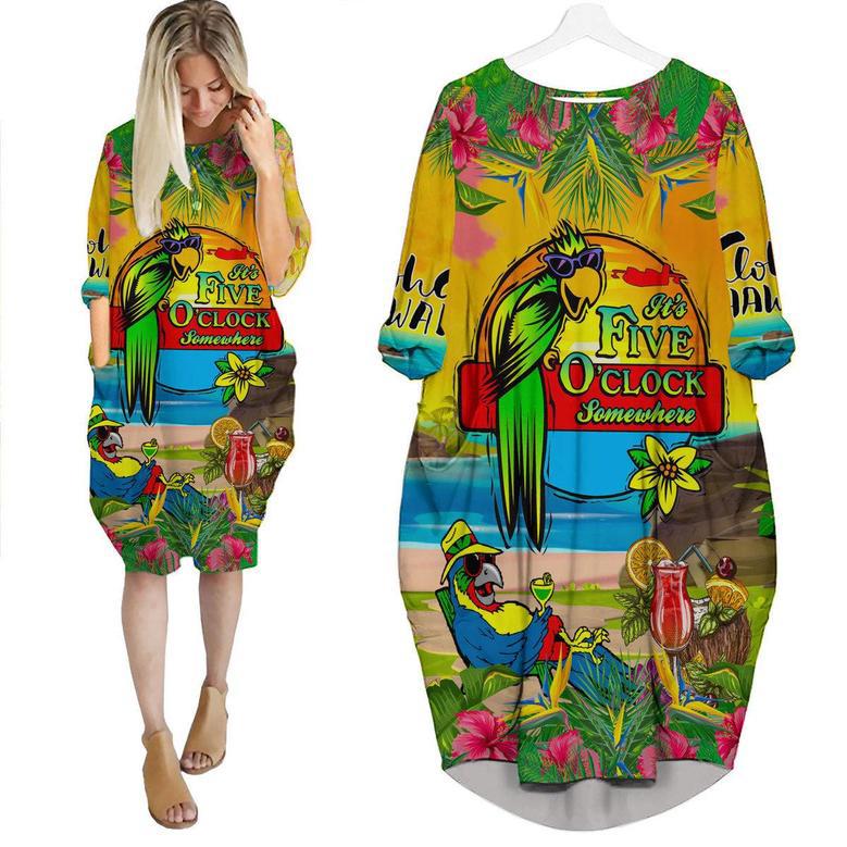 It's 5 O'clock Somewhere Parrot Drink Cocktail Tropical Long Sleeve Midi Dress