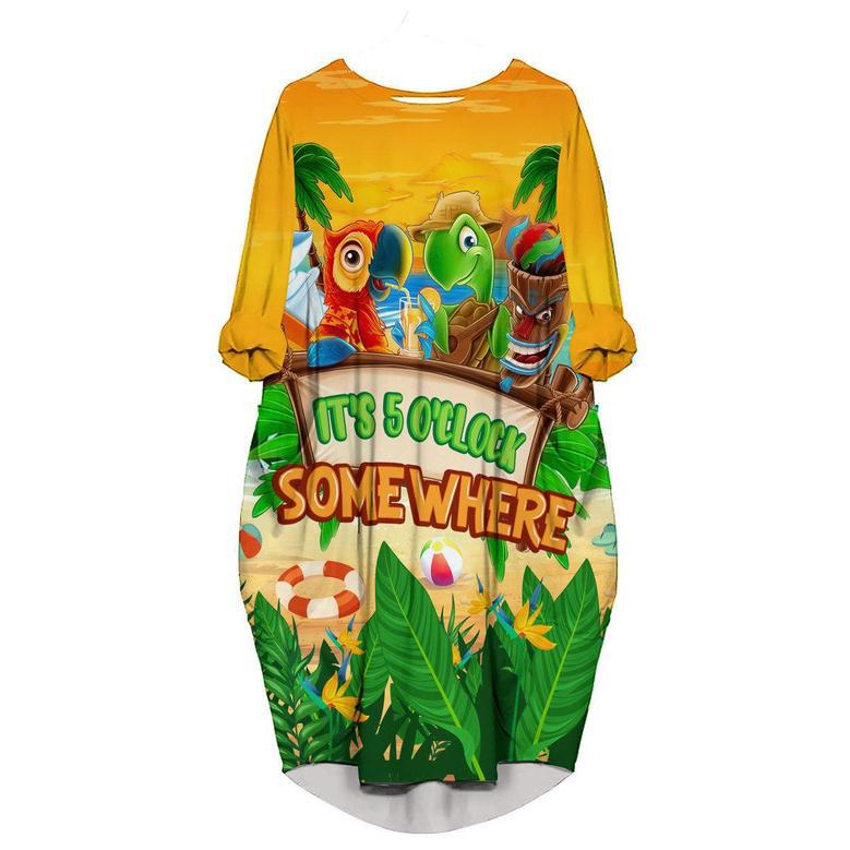 It's 5 O'clock Somewhere Parrot Turtle Tiki Party Yellow Long Sleeve Midi Dress