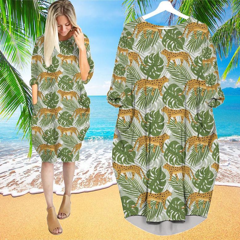 Jaguar And Tropical Leaves Seamless Pattern Long Sleeve Midi Dress