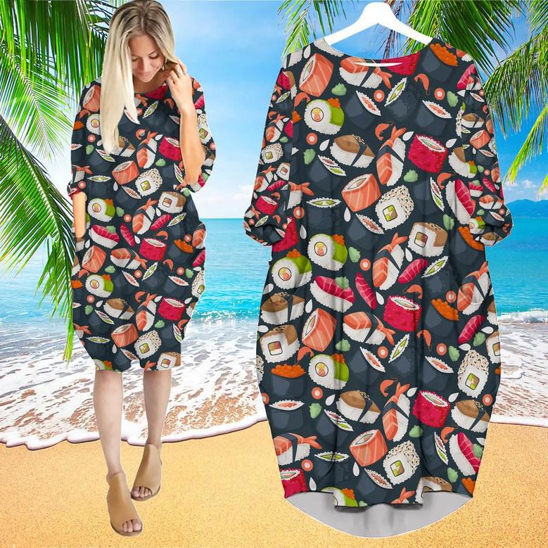 Japanese Sushi Long Sleeve Midi Dress