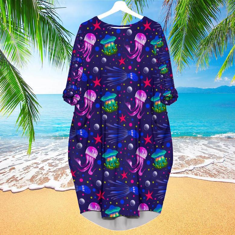 Jellyfish Sealife Colorful Long Sleeve Midi Dress