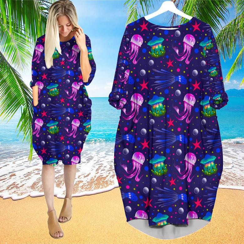 Jellyfish Sealife Colorful Long Sleeve Midi Dress