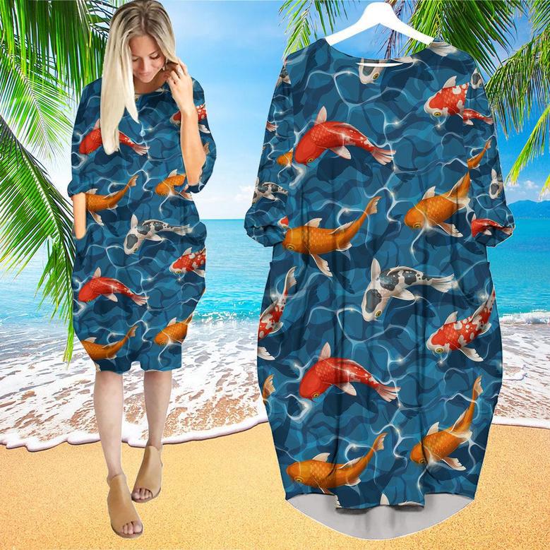 Koi Fish Wave Water Long Sleeve Midi Dress