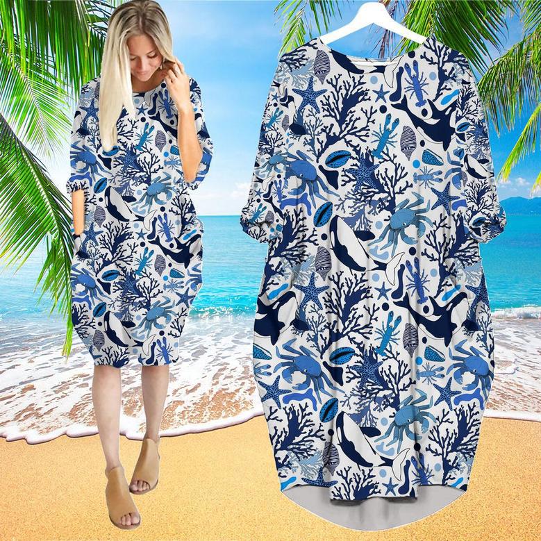 Life Of Ocean With Whales Crabs And Lobsters Long Sleeve Midi Dress