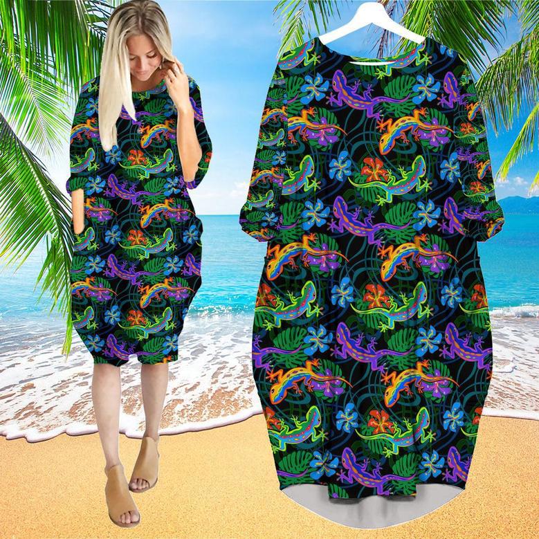 Lizards And Leaves Tropical Pattern Long Sleeve Midi Dress