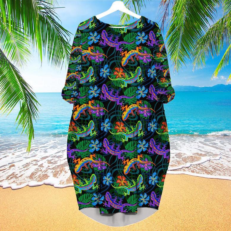 Lizards And Leaves Tropical Pattern Long Sleeve Midi Dress