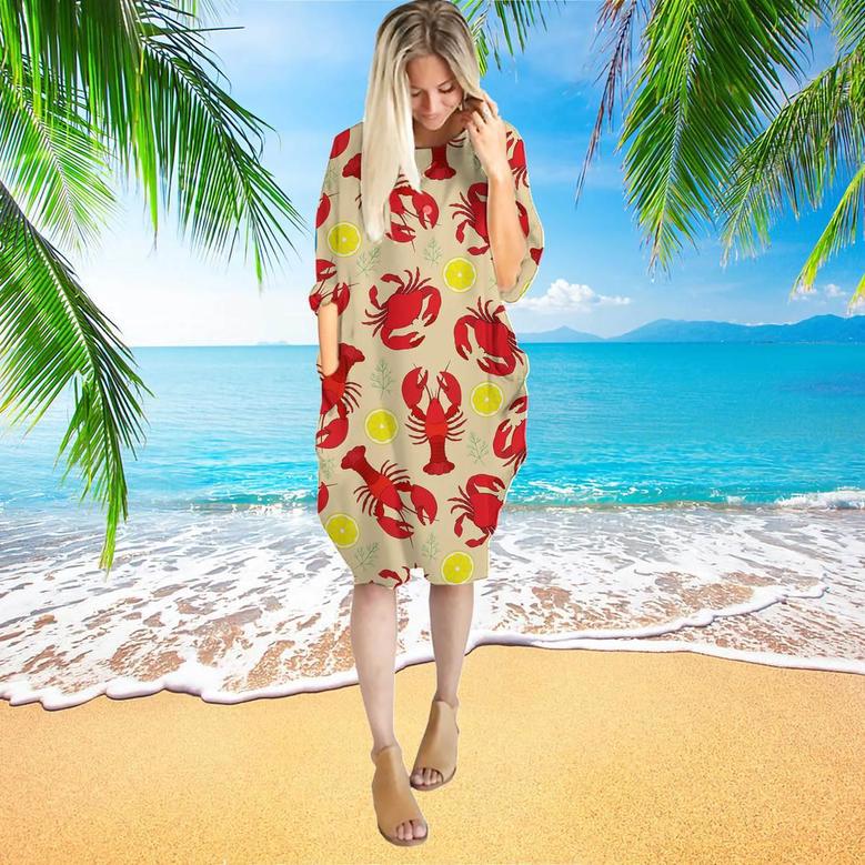 Lobster Crab And Lemon Pattern Long Sleeve Midi Dress