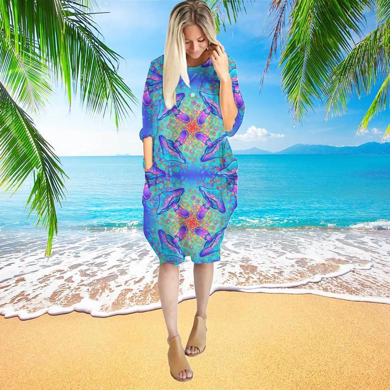 Magic Mushrooms Hippie Colorful Long Sleeve Midi Dress