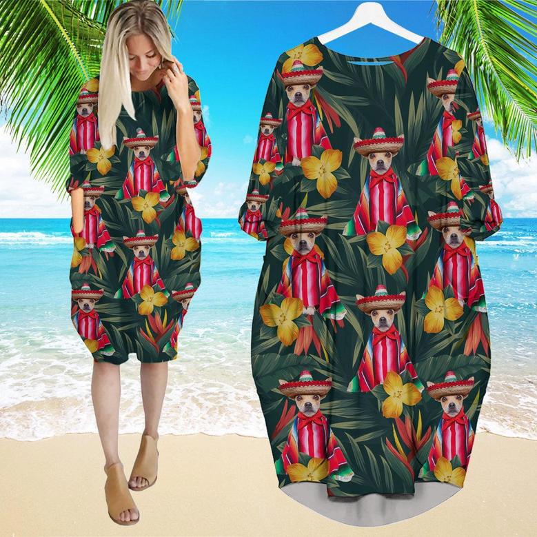 Mexican Chihuahua Dog Tropical Leaves And Flowers Long Sleeve Midi Dress