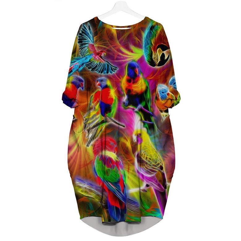 Neon Colorful Parrot Long Sleeve Midi Dress