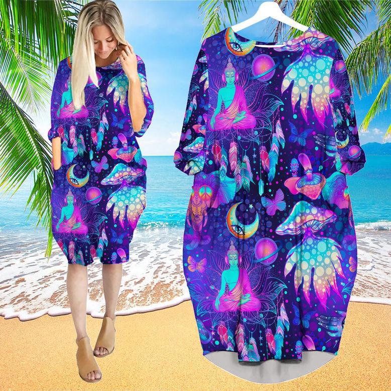 Neon Trippy Hippie Mushrooms Long Sleeve Midi Dress