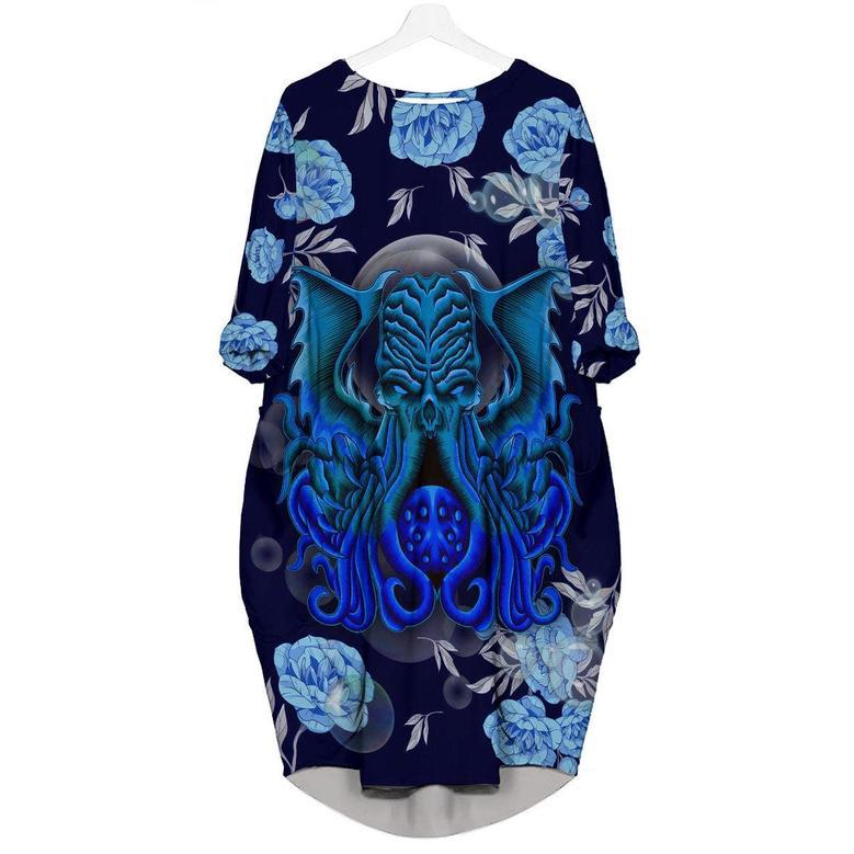 Octopus Navy Blue Long Sleeve Midi Dress