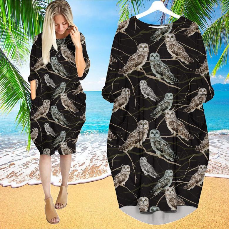 Owl Sitting On Branch Long Sleeve Midi Dress