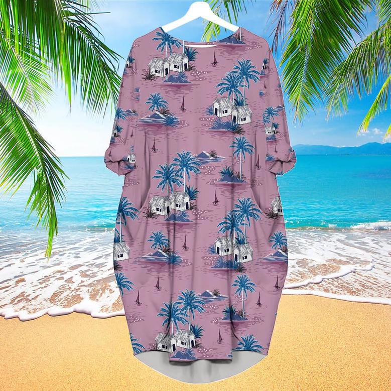 Palm Tree Beach Summer Long Sleeve Midi Dress