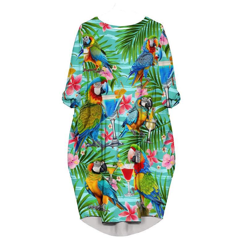 Parrot Drinking Cocktails The Beach Is My Happy Place Tropical Long Sleeve Midi Dress