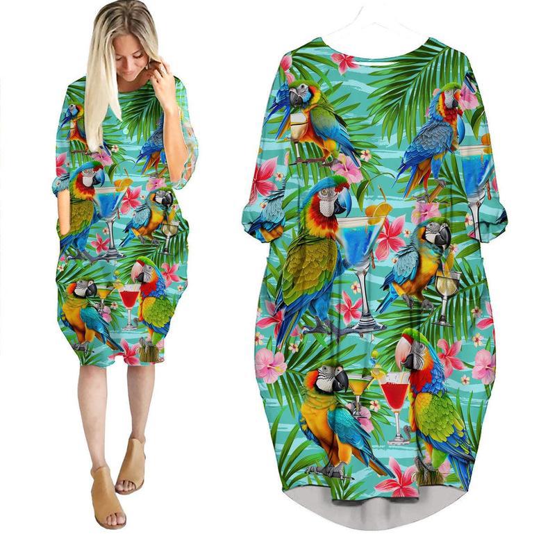 Parrot Drinking Cocktails The Beach Is My Happy Place Tropical Long Sleeve Midi Dress