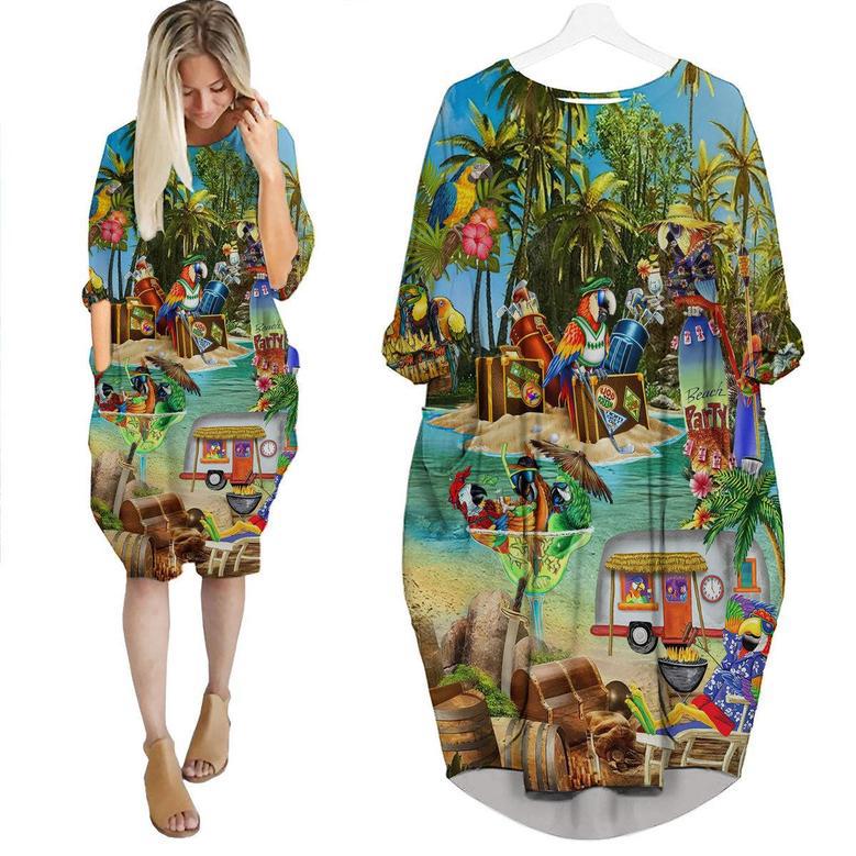 Parrots Cocktail Party In Hawaii Island Long Sleeve Midi Dress