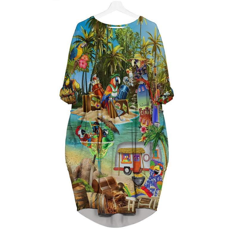 Parrots Cocktail Party In Hawaii Island Long Sleeve Midi Dress