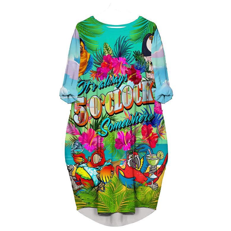 Parrots It's Five O'clock Somewhere Margarita Cocktails Tropical Long Sleeve Midi Dress