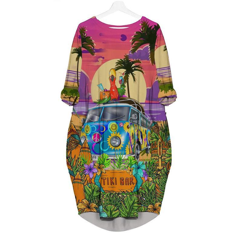 Parrots Tiki On Hippie Bus Long Sleeve Midi Dress