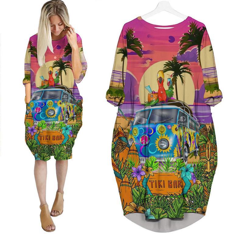 Parrots Tiki On Hippie Bus Long Sleeve Midi Dress