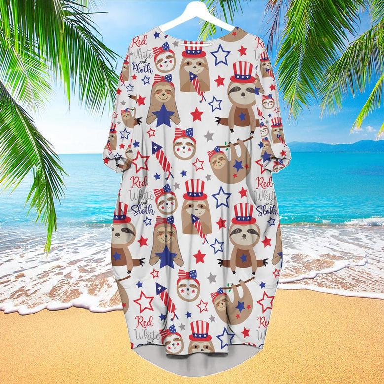 Patriotic Sloth Bears For Independence Day Of July Long Sleeve Midi Dress