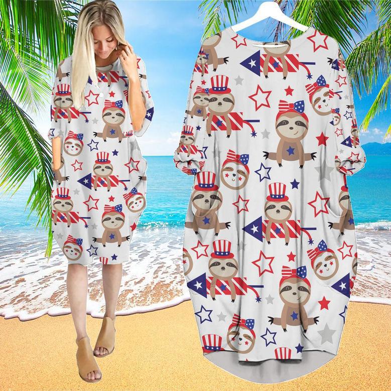 Patriotic Sloth Bears Of July Long Sleeve Midi Dress