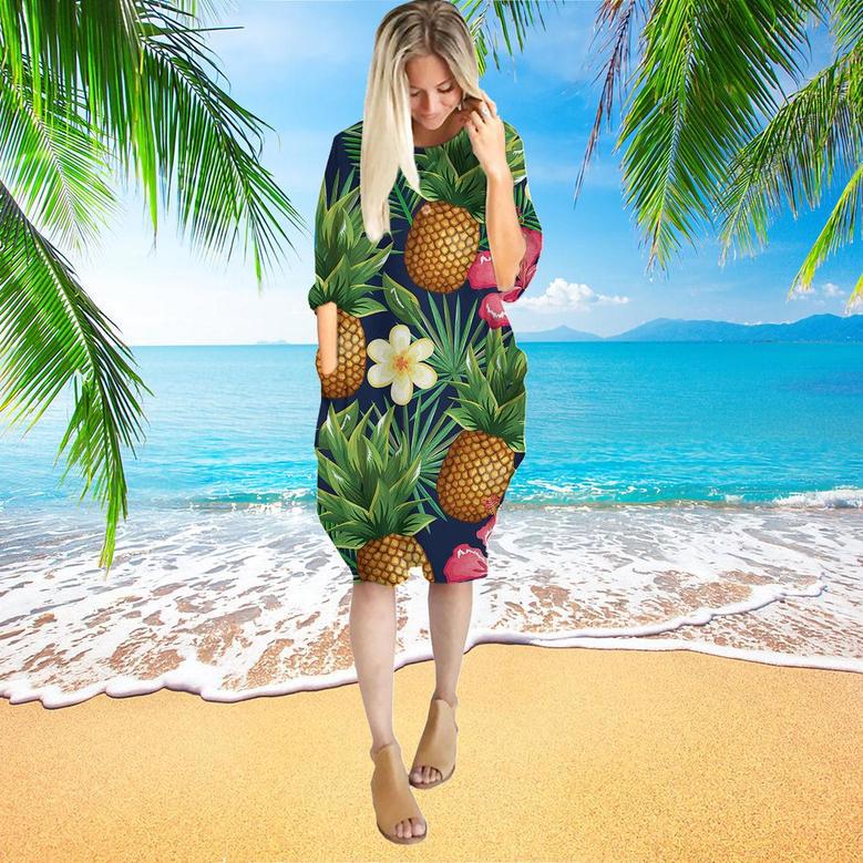 Pineapple Tropical Pattern Long Sleeve Midi Dress