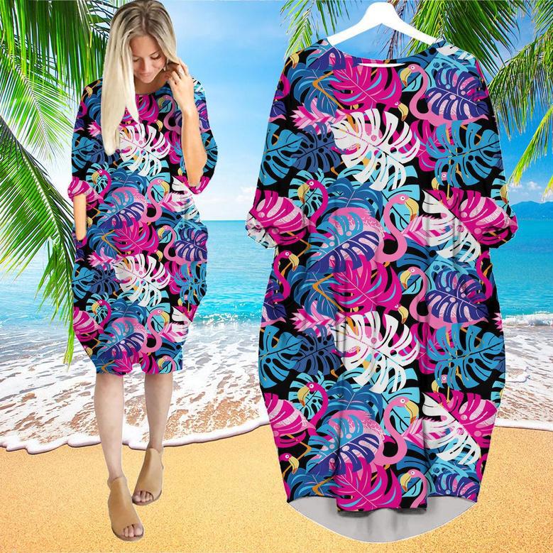 Pink Flamingos With Tropical Leaves Long Sleeve Midi Dress