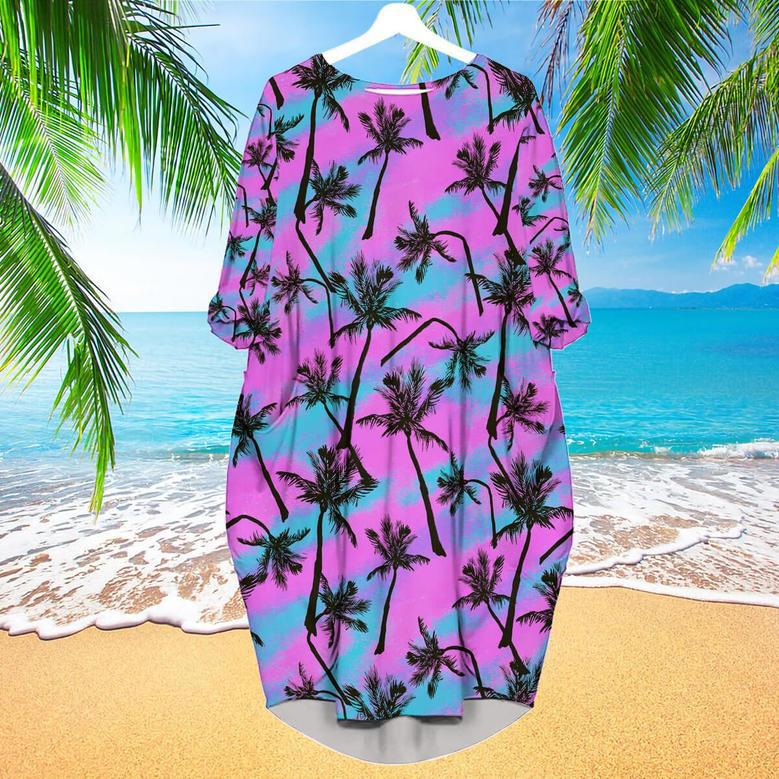 Pink Palm Tree Love Beach Long Sleeve Midi Dress