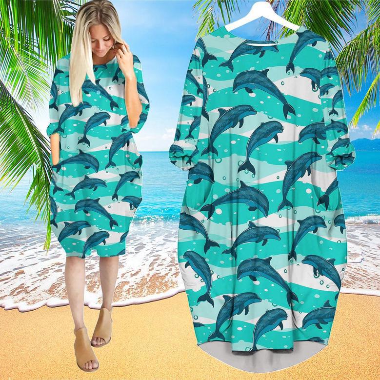 Realistic Dolphins In The Sea Long Sleeve Midi Dress